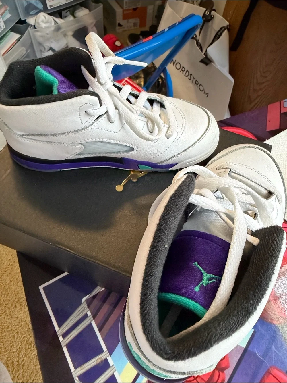 Jordan Kids White Sneakers with Purple and Teal Accents